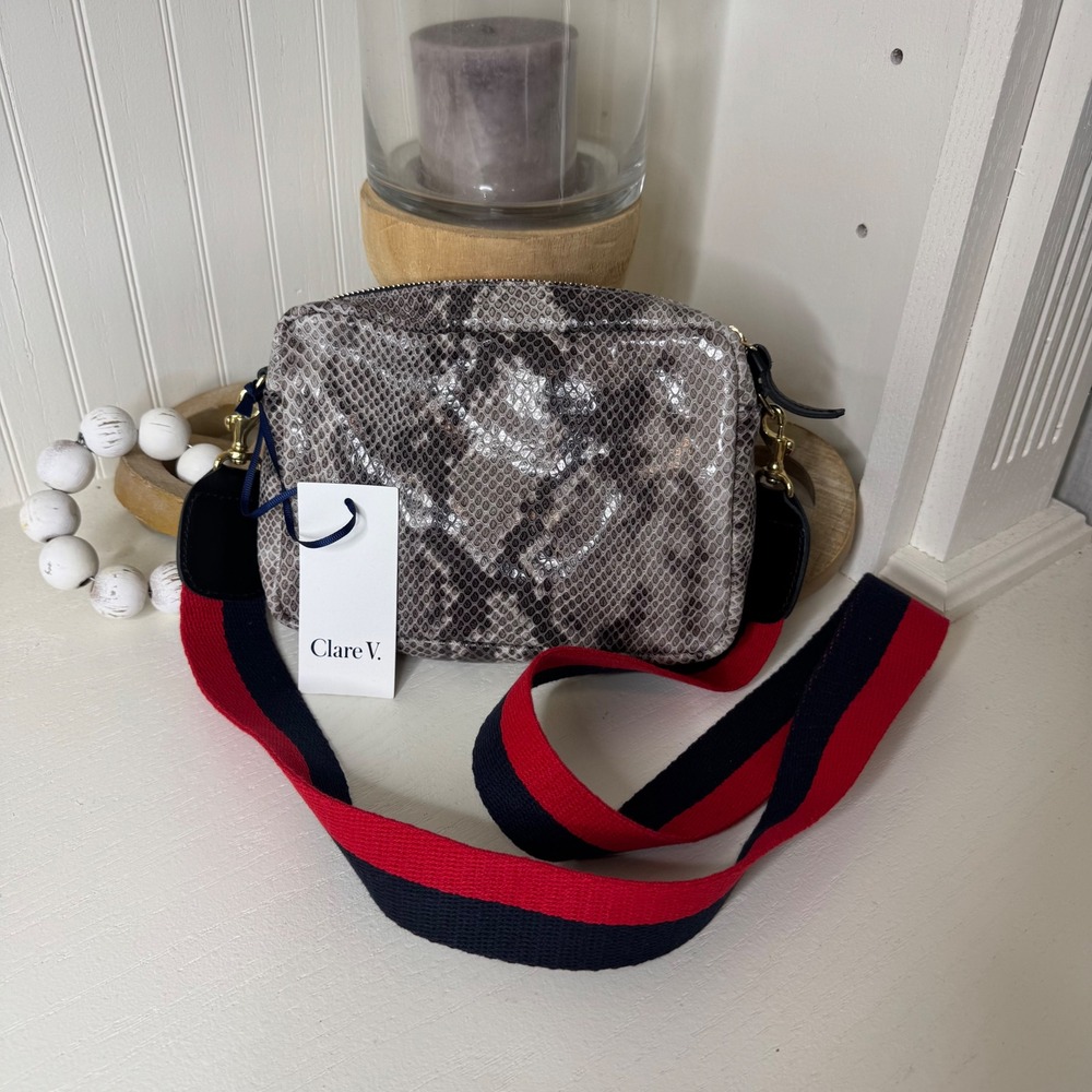 Clare V Midi Sac Grey Snakeskin Embossed Leather Crossbody Bag Navy Red Strap